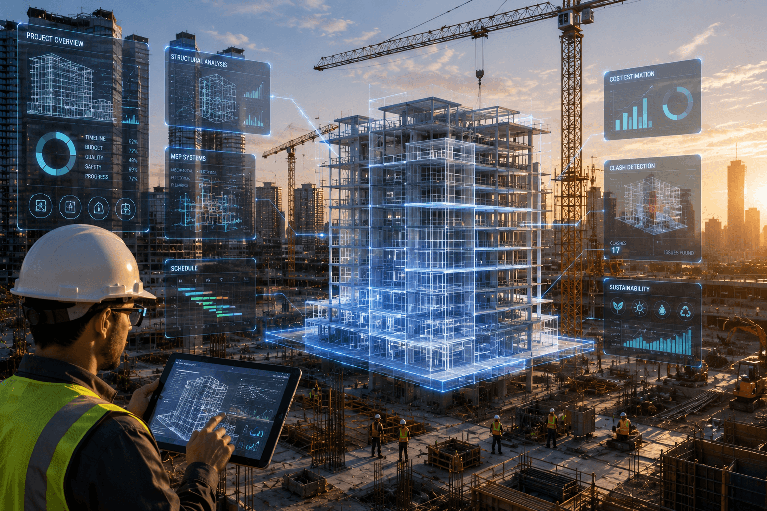 Engineer reviewing BIM digital twin on construction site