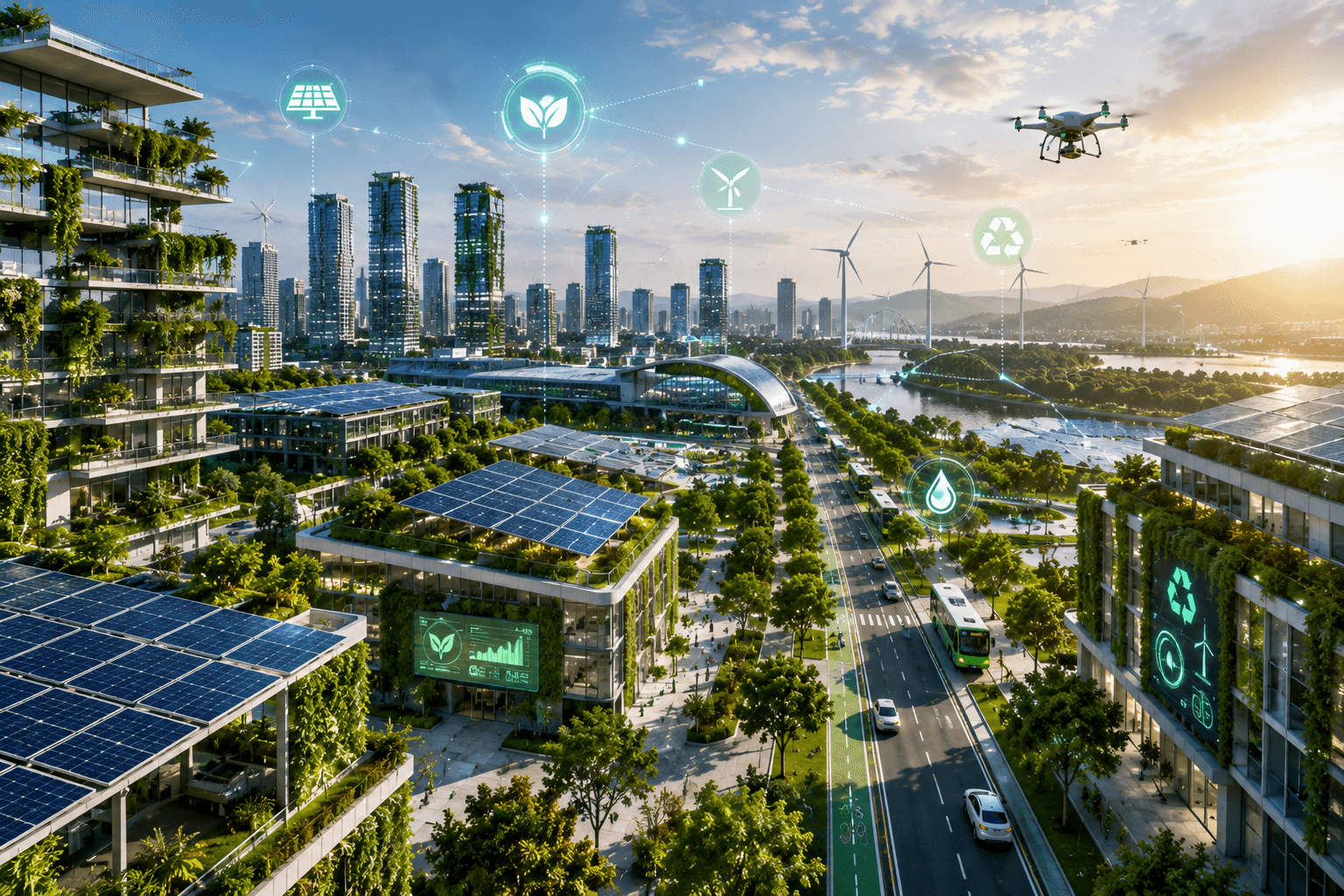 Green smart city — solar, wind, biophilic buildings, sustainable infrastructure